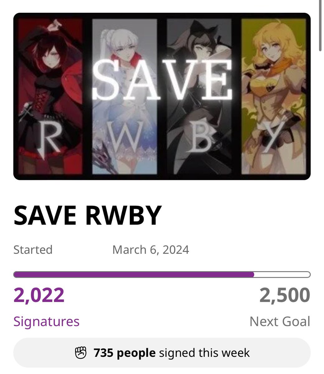 #SaveRWBY

2,022 signatures after 735 new people signed it just this week everyone is doing amazing come on let’s show them that the RWBY COMMUNITY is here to stay and that no one can keep us spirits down