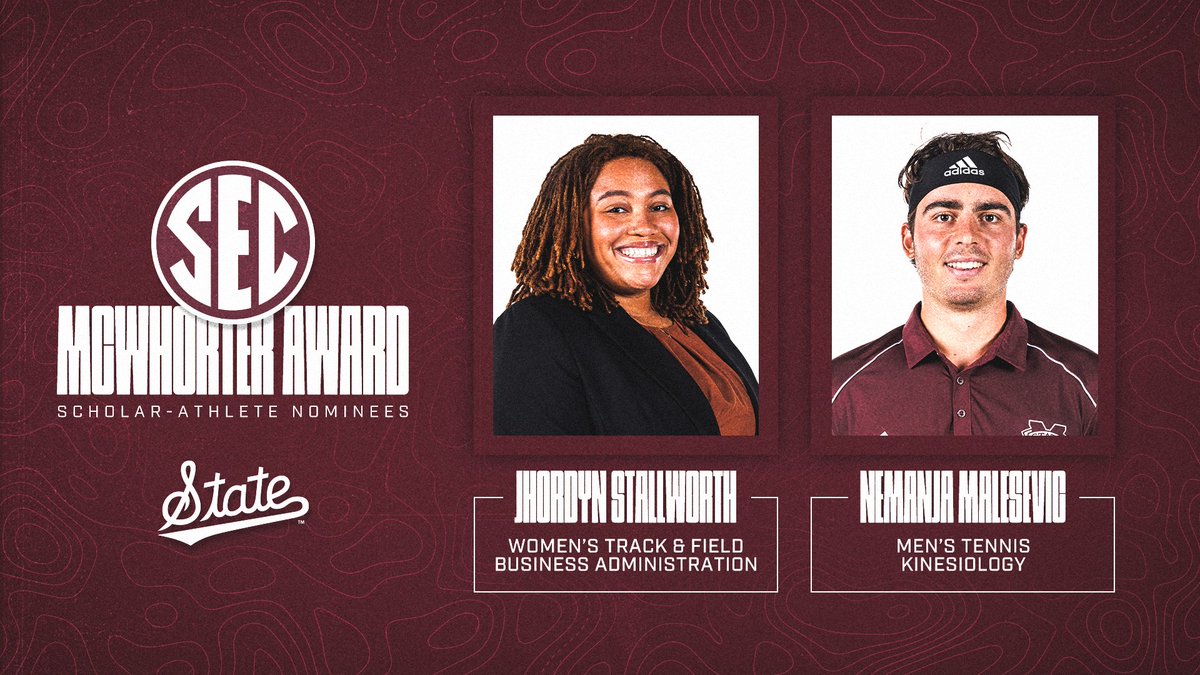 🎓 Announcing @HailState's nominees for the 2024 H. Boyd McWhorter Scholar-Athlete Post-Graduate Scholarship award! 👟 Jhordyn Stallworth, @HailStateTF 🎾 Nemanja Malesevic, @HailStateMT 🔗 secsports.social/mcwhorter419