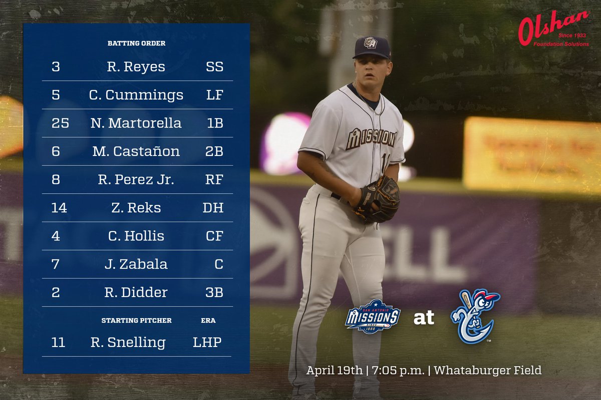 missionsmilb's tweet photo. Friday night baseball in Corpus Christi! This is what the good guys are going with against the Hooks. Starting lineup brought to you by @OlshanSince1933. https://t.co/QJUUs6vXrM