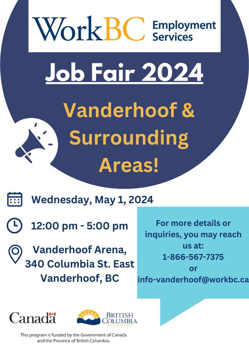 Join us on May 1, 2024 for the Vanderhoof Job Fair 2024!
For more details or inquiries, you may reach us at info-vanderhoof@workbc.ca or 1-866-567-7375.
See you there!