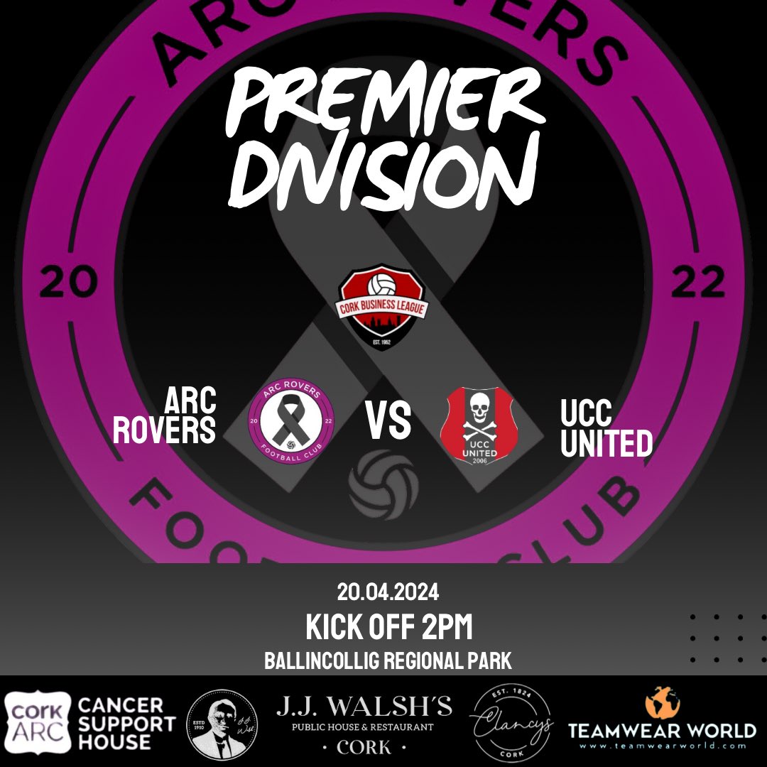 ArcRovers's tweet photo. A huge game tomorrow in Ballincollig Regional Park as Arc host UCC in a must win game for both sides. Kick off is at 2pm #UpTheArc 🟣⚫️ https://t.co/Dnv6XgtjAc
