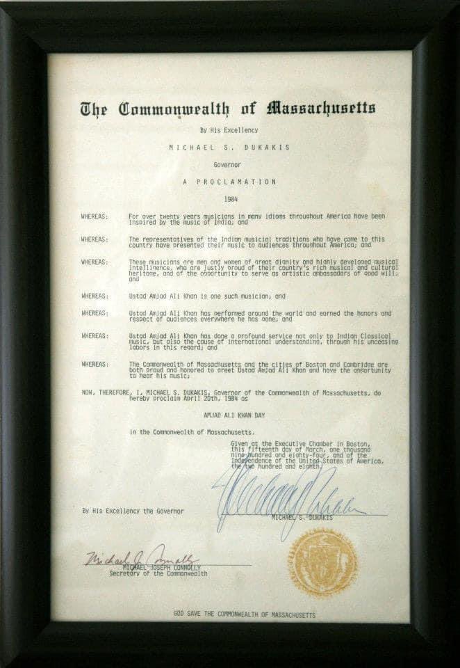 Happy Amjad Ali Khan Day!!! 20th April, 1984 was declared as Amjad Ali Khan Day by Governor of Massachusetts, Michael Dukakis in Boston! #amjadalikhanday @AAKSarod @MayorWu