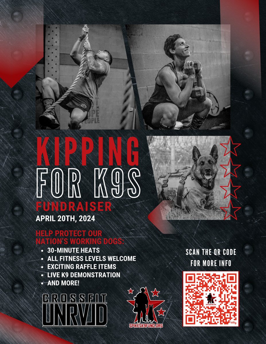 Tomorrow in Chesapeake, Virginia! Break a sweat for the dogs and have a great time for a great cause! Register or show your support here: spikesk9.org/k4k2024 #crossfit #nonprofit #FirstResponders