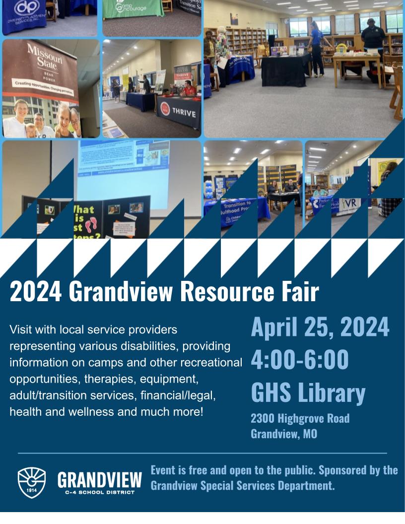 Grandview High School and the Special Services Department invite families of children and/or adults with special needs to its annual Resource Fair. The event will be this Thursday, April 25 from 4:00-6:00 pm in the Grandview High School library.