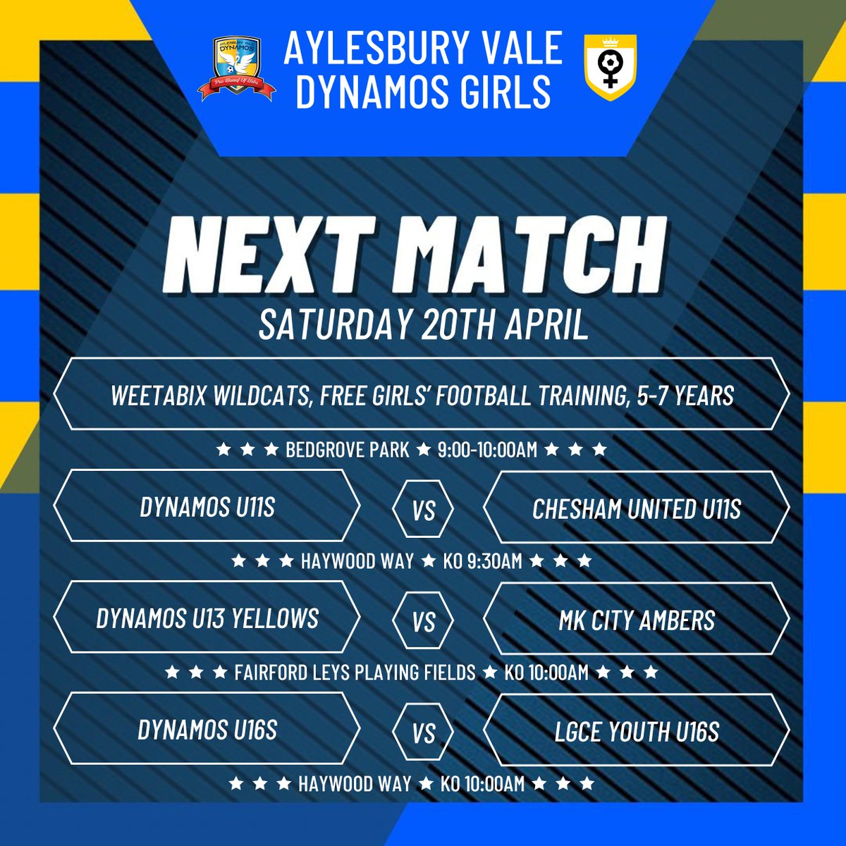 Good luck to all our teams who are in action on Saturday. 💛💙⚽ 

Our U16s will be playing on the main pitch at Haywood Way. Please come down and show your support for the girls.

#LetGirlsPlay #HerGameToo #GrassrootsFootball #WeAreTheDynamos @AylesNews