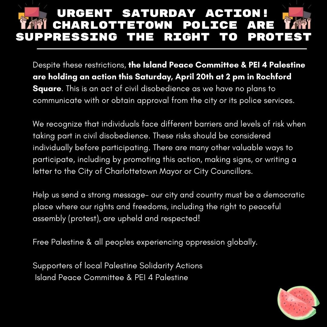 ISLAND FOLKS 
If you can make it out to this tomorrow, please do!

Palestine solidarity event and response to suppression from the city of Charlottetown. 

2pm at Rochford Square.

We won't be stopped from taking to the streets for peace and justice!