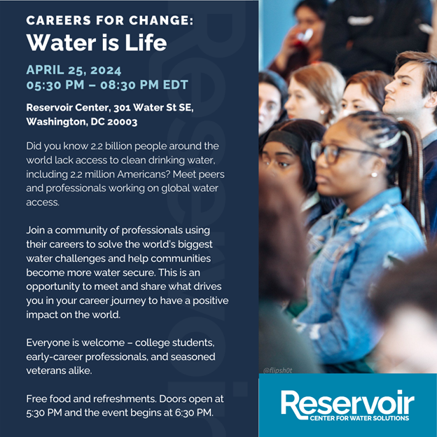Reservoir Center for Water Solutions (@reservoircenter) on Twitter photo Get ready to tackle the global water crisis with our Careers for Change event. Join us & fantastic speakers like:
➡️ <a href="/GeorgeHawkinsDC/">George Hawkins</a> and Anniestacia Denton, <a href="/MoonshotWater/">Moonshot Missions</a>
➡️ Gerard Delziel, <a href="/EWBUSA/">EWB-USA</a>
➡️ Hope F. Kupit, <a href="/SERCAPWater/">SERCAP Water</a>
Register today!
ow.ly/RgNp50RkeS4 Get ready to tackle the global water crisis with our Careers for Change event. Join us & fantastic speakers like:
➡️ <a href="/GeorgeHawkinsDC/">George Hawkins</a> and Anniestacia Denton, <a href="/MoonshotWater/">Moonshot Missions</a>
➡️ Gerard Delziel, <a href="/EWBUSA/">EWB-USA</a>
➡️ Hope F. Kupit, <a href="/SERCAPWater/">SERCAP Water</a>
Register today!
ow.ly/RgNp50RkeS4