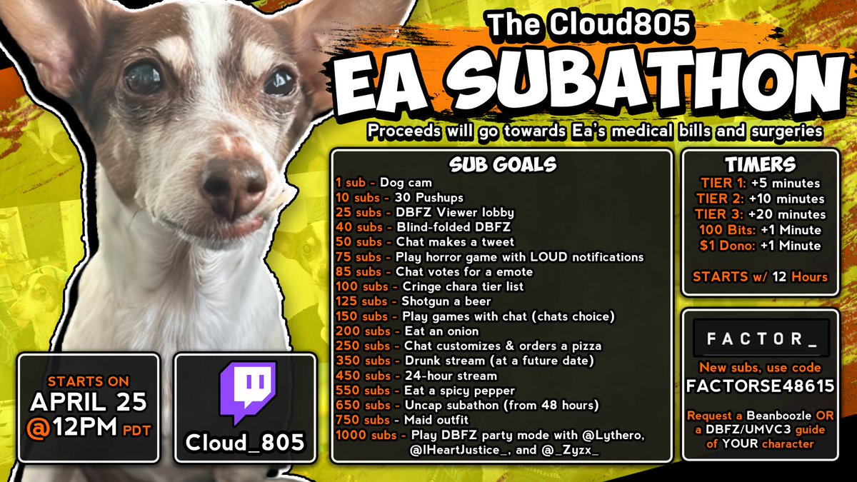 Hey yall im doing a subathon april 25th to help pay for my dogs medical bills/surgeries. hope to see some of yall pull up!