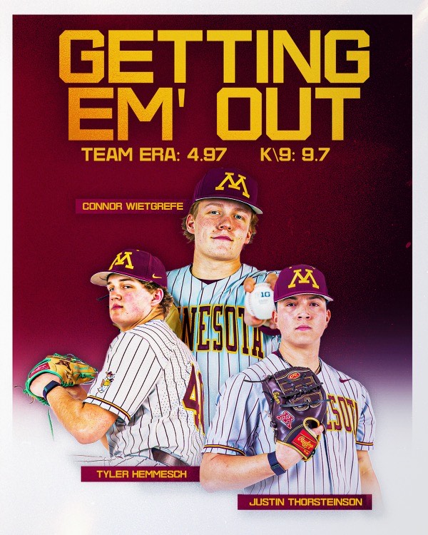 GopherBaseball's tweet photo. As a team, the #Gophers currently rank in the top 25 percent in the nation in team ERA and top 15 percent in strikeouts per nine innings.

Their 4.97 team ERA is 66th out of 295 teams, while their 9.7 K/9 is 44th. https://t.co/8uTIS6mZ0T