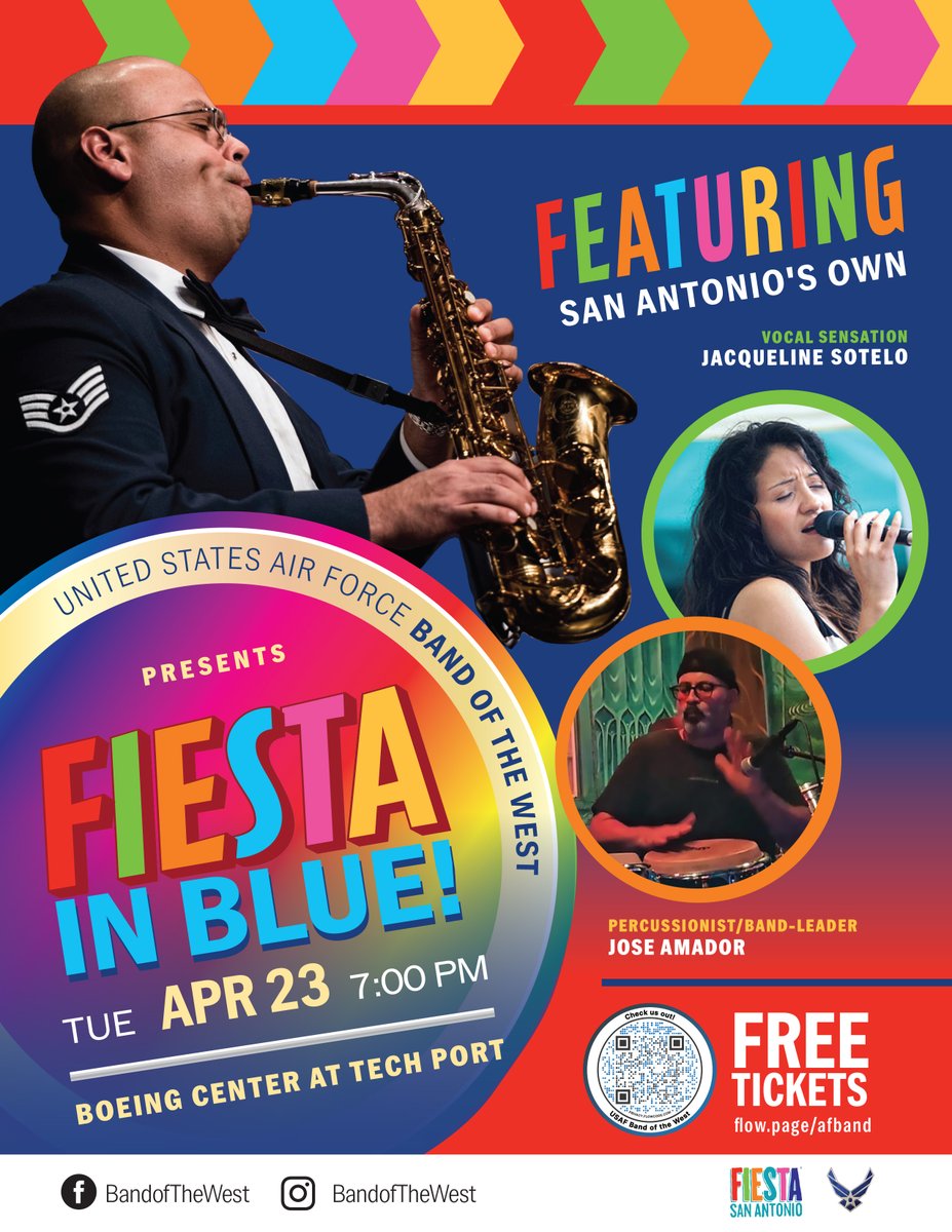 🎶 Don't miss the Band of the West's Fiesta performance on April 23 at the Boeing Center at Tech Port! 🎉 Guest musicians Jacqueline Sotelo and Jose Amador will join us for an unforgettable evening! Get your FREE tickets at flow.page/afband! 🎟️ #FiestaSanAntonio