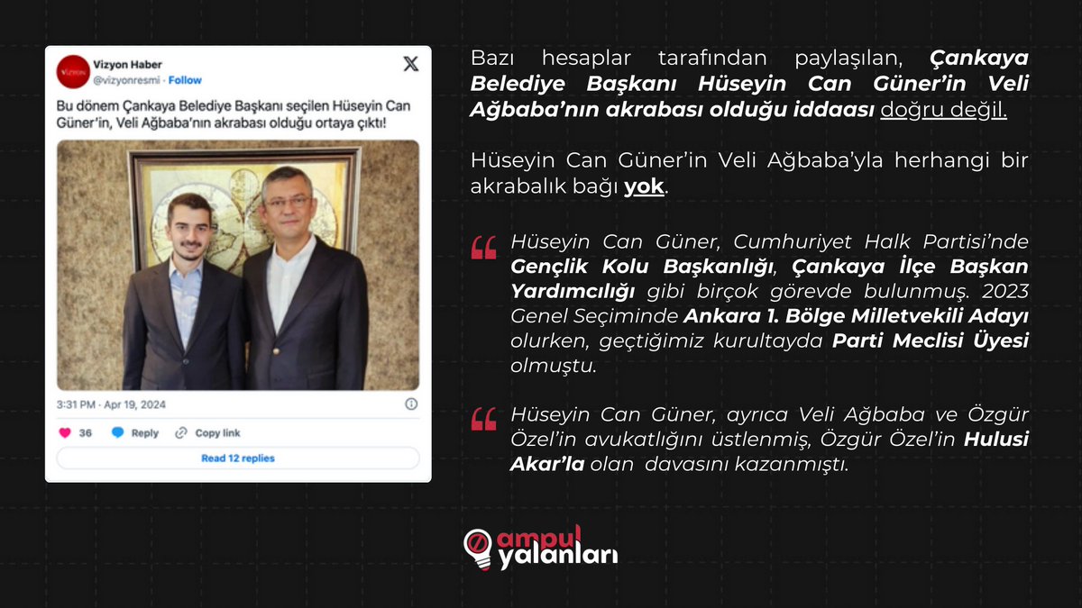 ❌ Çankaya Belediye Başkanı Hüseyin Can Güner, Veli Ağbaba’nın akrabası değil. 👇 Detaylar aşağıda