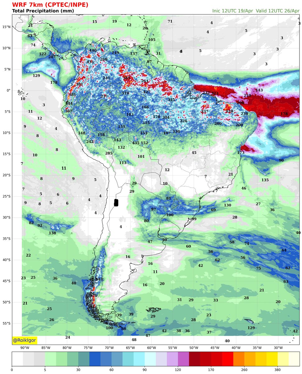 Volume de chuva previsto nas próximas 180h, na América do Sul, com dados do modelo WRF 7km (CPTEC/INPE).