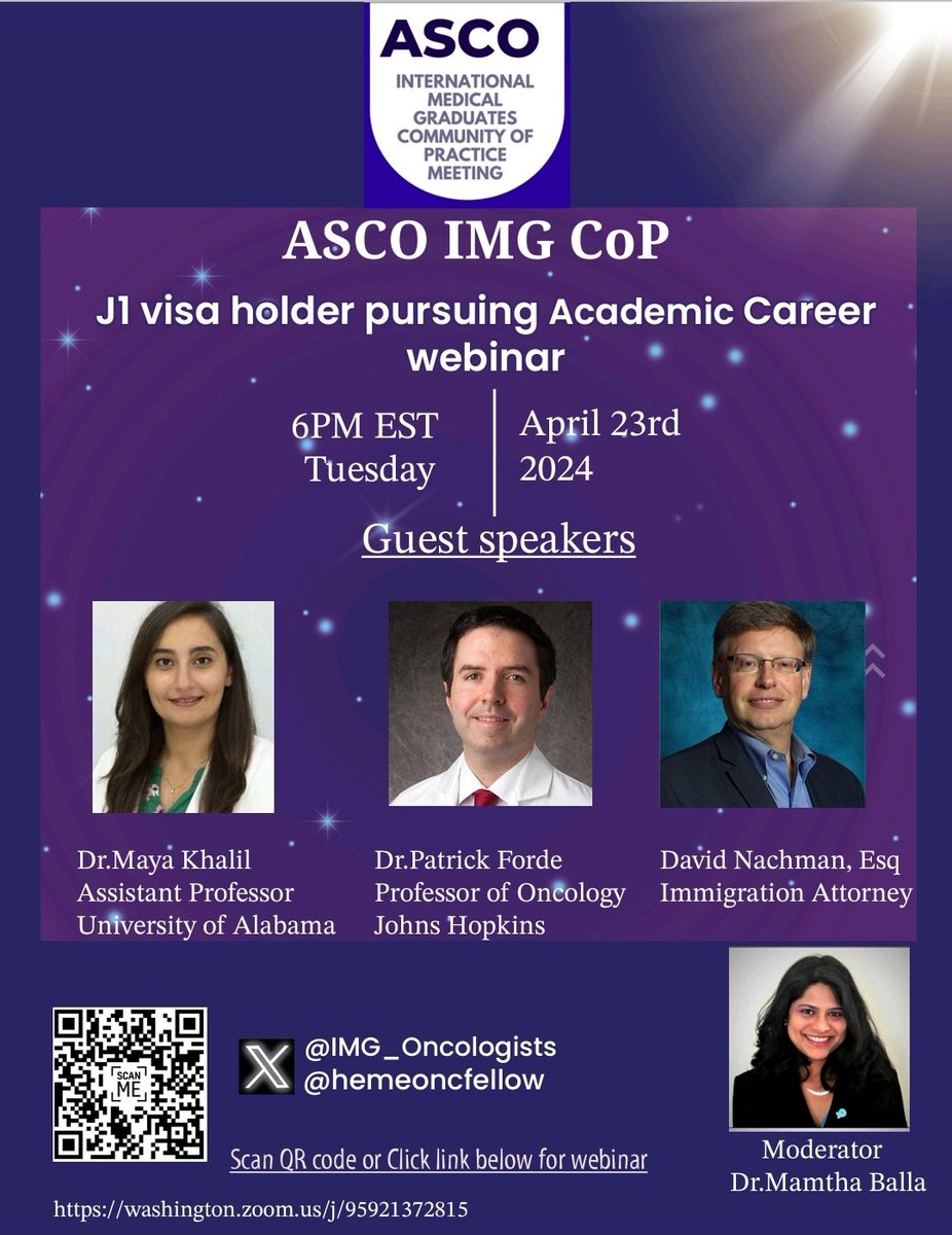 🚨Save the date 🚨 @ASCO IMG COP @IMG_Oncologists - Visa, Mentorship & Advocacy Committee's webinar💥 J1 visa holders pursuing academic career💥 ⏰ April 23rd, 6 PM EST 💥Guests @FordePatrick , @MayaKKhalil & David Nachman Host @MamthaB ASCO IMG CoP 👉bit.ly/3JmJQwK