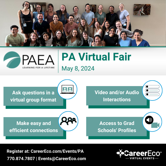 Are you interested in learning more about becoming a PA? Join the 5/8 PAEA hosted Physician Assistant/Physician Associate Virtual Fair to meet with certified PAEA schools to get your questions answered by admissions reps and faculty. To learn more: bit.ly/3PmzUH5 #PAEA