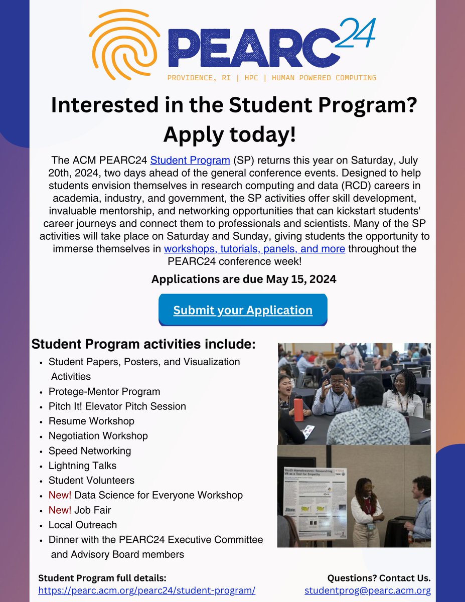 Interested in the #PEARC24 Student Program?
Submit your application before the May 15 deadline: bit.ly/PEARC24-SP-App…

#HPC #ResearchComputing #Data #Visualization #PEARC24StudentProgram