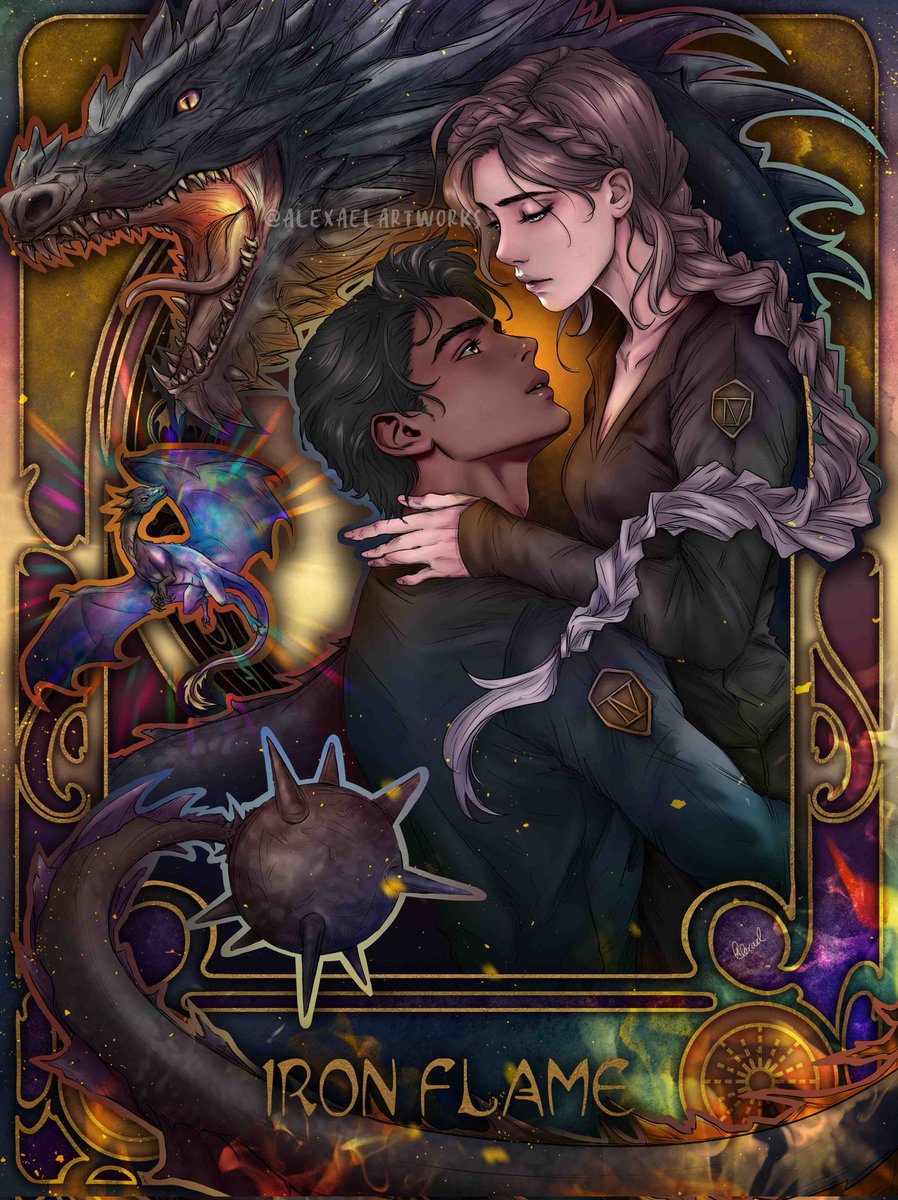 Violet, Xaden, Tairn and Andarna from Iron Flame by Rebecca Yarros in my Art Nouveau style 🐲🌈

#alasdehierro #fourthwing #ironflame #rebeccayarros #alasdesangre