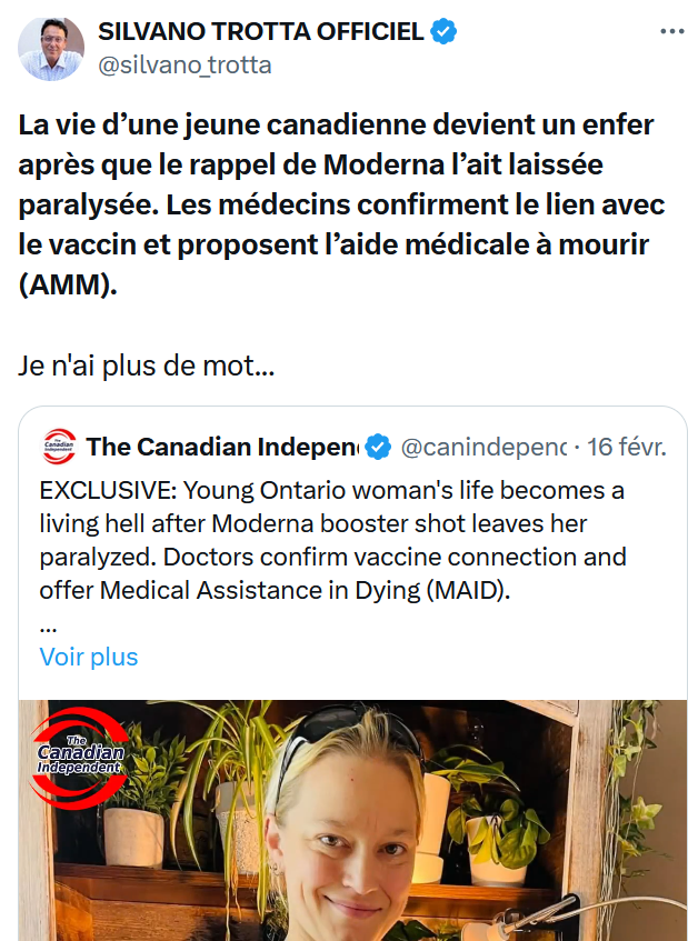 TÉMOIGNAGE n°5259 #effetsindesirables #CovidVaccine (22 février 2024) 
Une JEUNE CANADIENNE
par SILVANO TROTTA :
catholique.forumactif.com/t993p930-les-p…

#EffetsSecondairesvaccins19 #VaccineDeaths #VaccineSideEffects