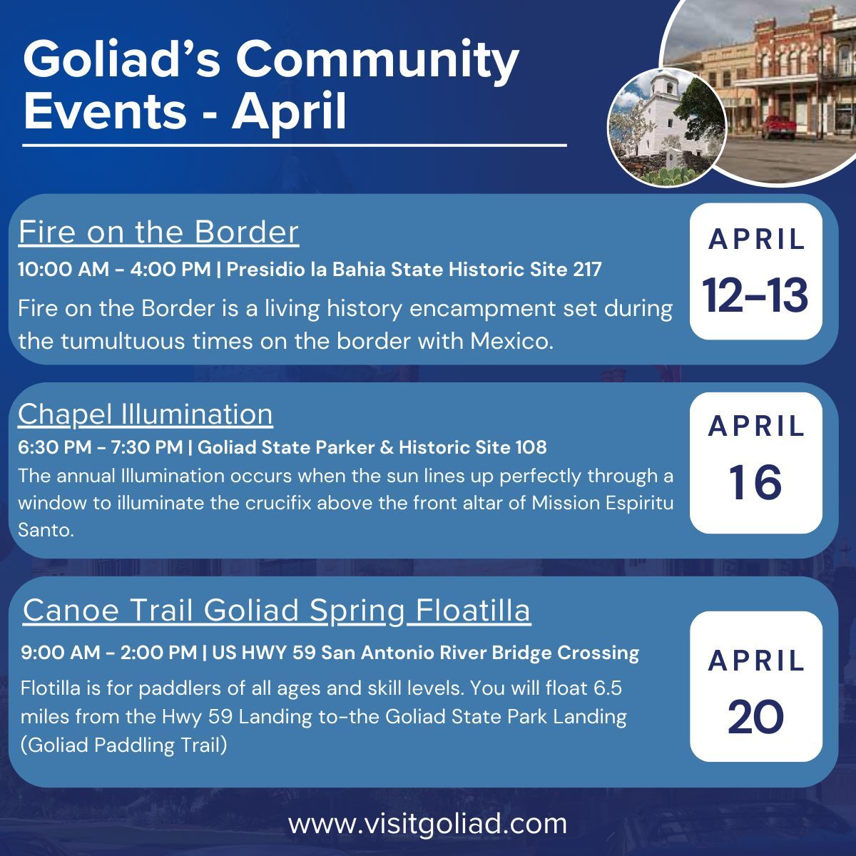 RonBrown_Co's tweet photo. Spring into the season with Goliad's vibrant April events! 

From historical reenactments to serene paddling adventures, there’s an experience waiting for every interest. Dive into the heart of the Goliad community and make memories that last. 

🌷🚣‍♂️🔥 #TheRonBrownCompany https://t.co/YOzWgHhd8F