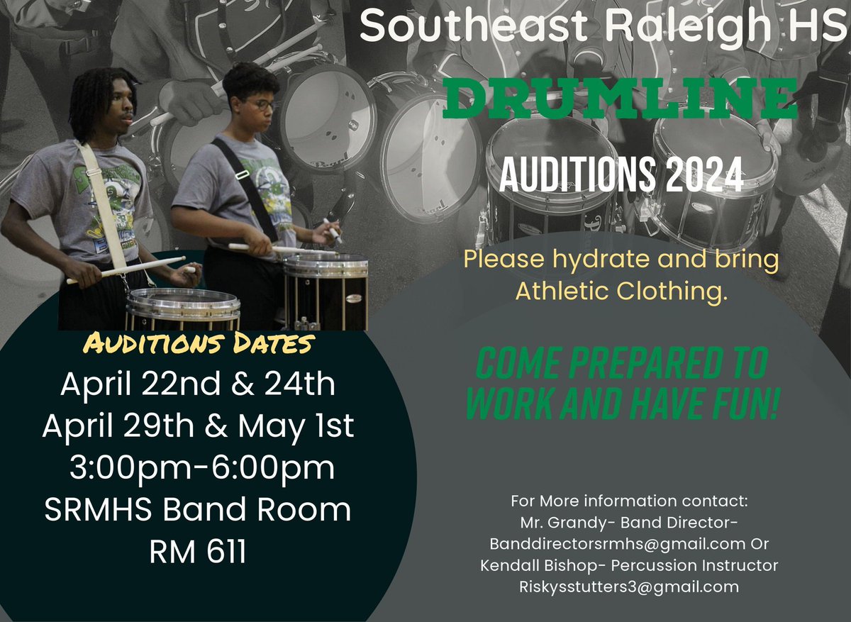 SRMHS Marching Band Drumline tryouts will be held from 3:00 PM to 6:00 PM on April 22nd through the 24th and April 29th through May 1st in room 611. If you are interested, please contact Mr. Grandy, our band director.