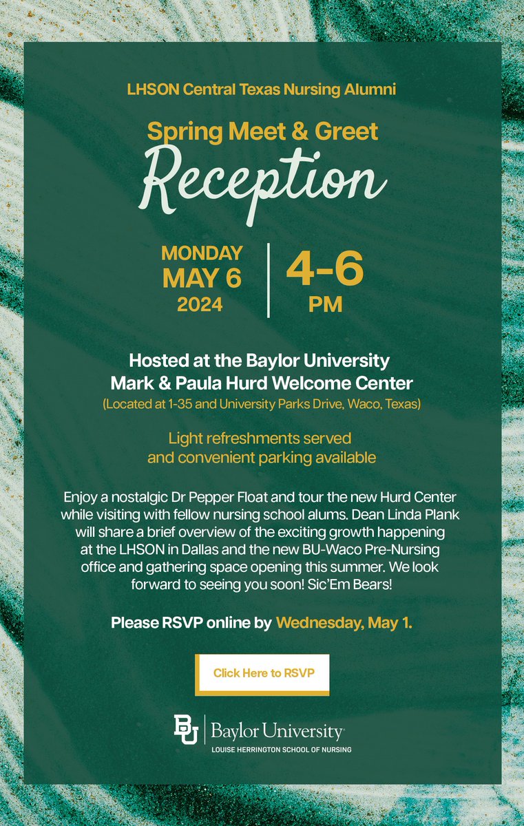 Friendly reminder to LHSON alums in the Central Texas Region... please join us for a free Spring Meet & Greet on Monday, May 6 at the Hurd Center in Waco. Register online, www1.baylor.edu/ers/register.a…