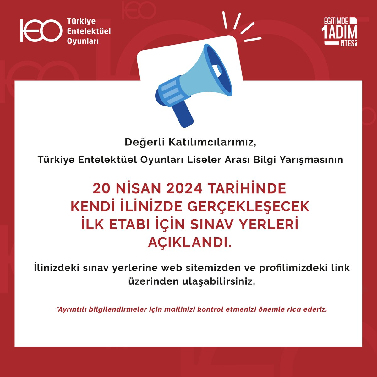 Türkiye Entelektüel Oyunları Liseler Arası Bilgi Yarışması’nın 20 Nisan 2024 tarihinde 10.00 - 10.30 saatleri arasında ilinizde gerçekleşecek olan ilk etabı için sınav yerleri açıklandı! Atatürk Üniversitesi Tıp Fakültesi Amfileri'nde görüşmek üzere turkiyeentelektueloyunlari.com/sayfalar/sinav…