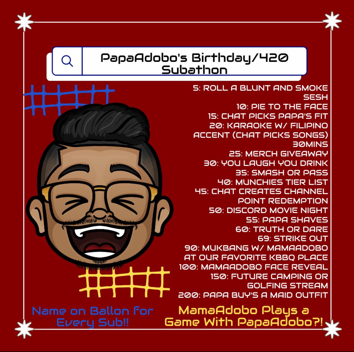 PapaAdobo's tweet photo. This Saturday, 4/20 at 12pm PST!! Uncapped birthday subathon! https://t.co/B8iEoEurXJ