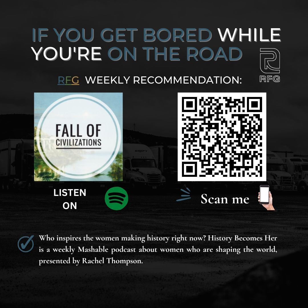 Our recommendation for this week is Fall of Civilizations Podcast!

Click on the link below to listen to it:
buff.ly/4axIifn
Or scan the QR code on the image!

Hope you enjoy it and give us your feedback! 📝

#RFG11RollingStrong #recommendations #podcast #history #trucker