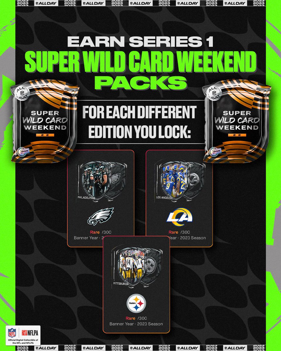 🦅 Eagles 🐏 Rams 🟡 Steelers The next 3 Banner Year Moments have taken their final form 🥳 AND you can use them to score rewards 👇 Earn a Series 1 Super Wild Card Weekend pack for each different edition you lock 🔒 allday.football/BannerYear1
