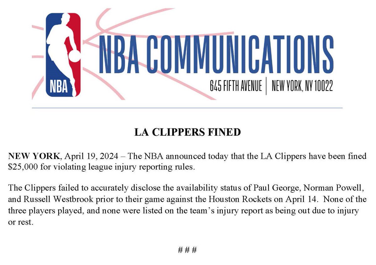 joeylinn_'s tweet photo. The Clippers have been fined $25,000 for their injury report for the regular season finale. https://t.co/NsCugNO6mp