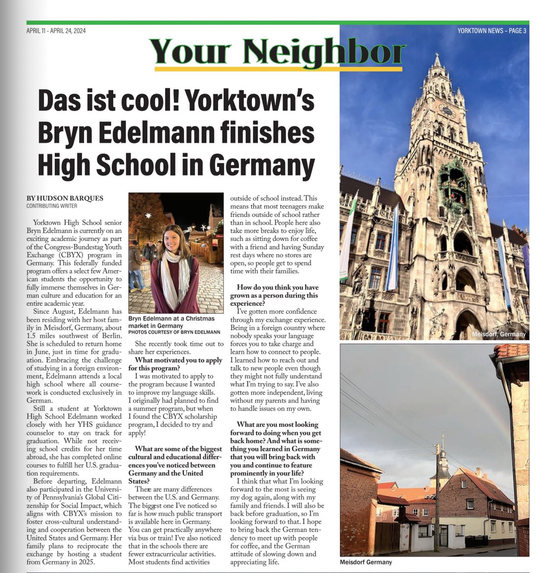 Terrific article in @YorktownNews featuring the incredible educational experience @YClassof2024 Bryn Edelmann is having in Germany. Looking forward to welcoming her back to YHS & hearing more about it🌽 #WorldwideHuskers @YHSNYGuidance @VGarretteYHS @CCriscioneYHS @GOLLISZJOHN