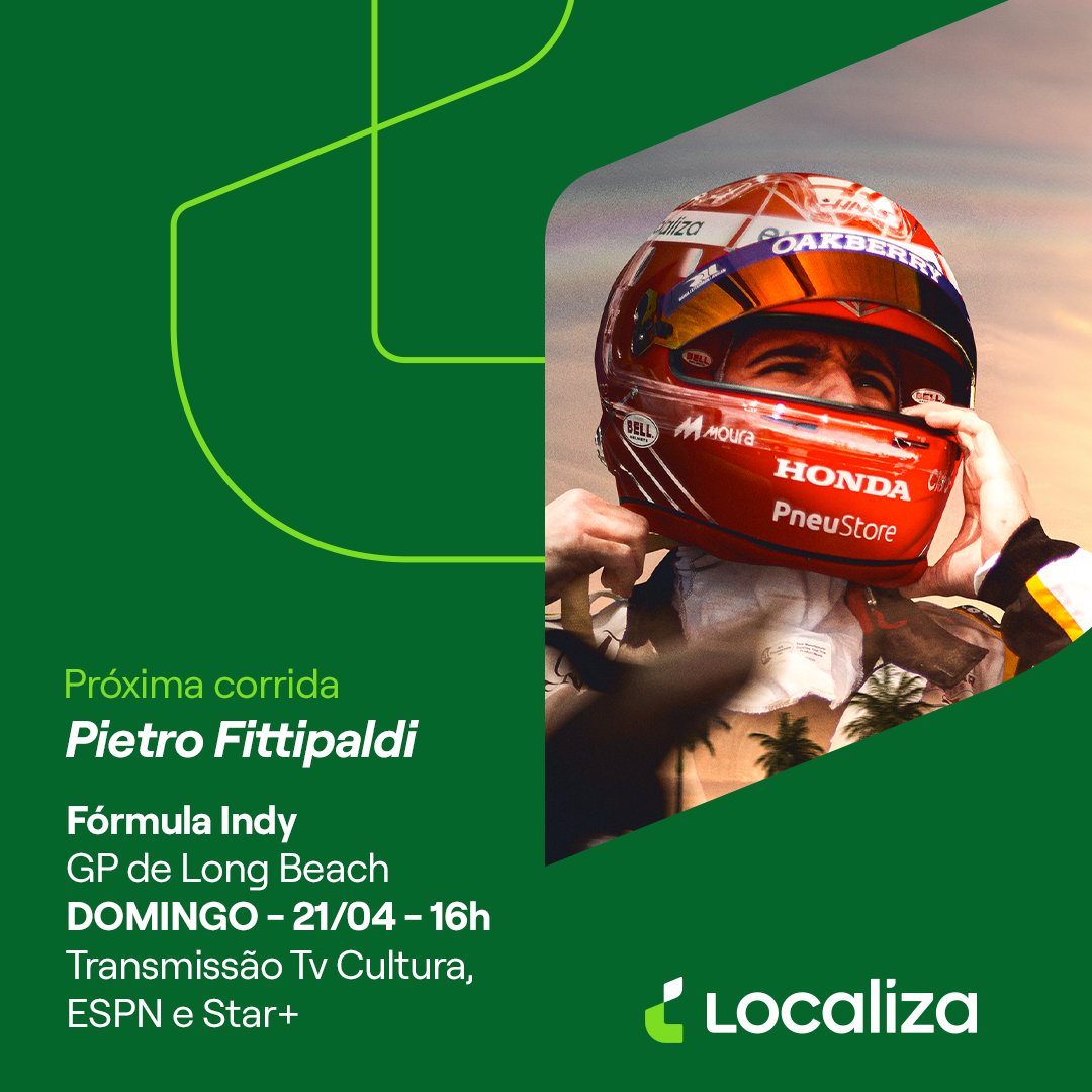 Domingo é dia de corrida! 🏁Estamos com <a href="/PiFitti/">Pietro Fittipaldi</a> representando o Brasil na disputa de mais uma etapa da Indy, no tradicional circuito de rua de Long Beach, na Califórnia. Vamos torcer juntos? Transmissão ao vivo no domingo, às 16h!
#Localiza #IndyCar #FórmulaIndy