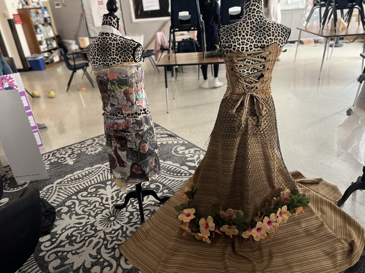 Sullivan_FCS's tweet photo. In Fashion Design 2, we crafted our own unique designs using materials like paper mache, leaves, fishnets, newspapers, flowers, and ribbons. How cute did these turn out? https://t.co/KLP4uukUtZ