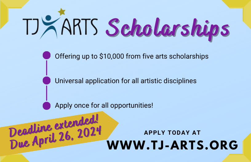 TJ_Arts09's tweet photo. To ensure that all students who wish to may apply, we are extending the deadline for TJ Arts scholarship applications to next Friday, April 26, 2024. Thanks to those students who have already applied! To get started: https://t.co/YbWN804ILJ. https://t.co/GUKRO07ocx