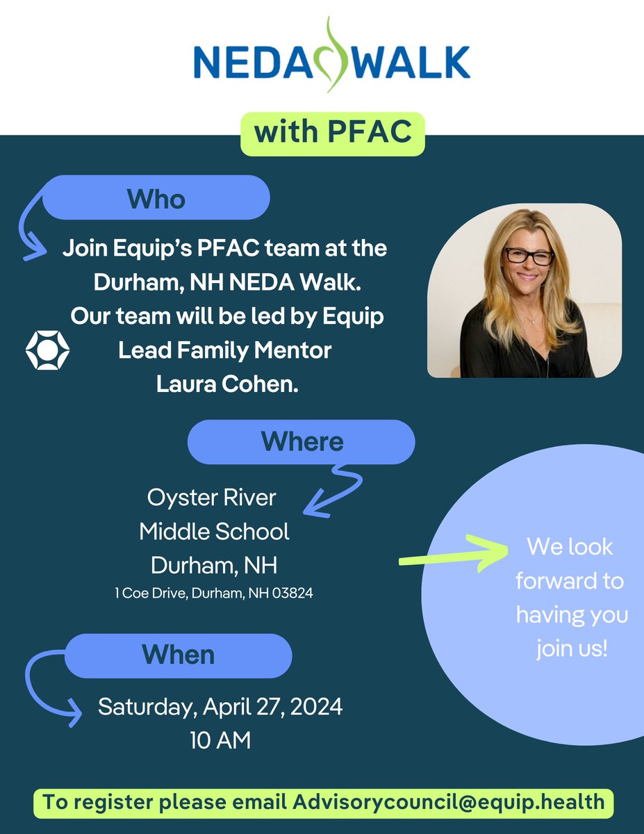 Equip (@joinequip) on Twitter photo Join Team Equip at the NEDA walk on April 27th in New Hampshire.
If you plan on attending, please register via the email below so we can have some Equip swag ready for you.
Register here: advisorycouncil@equip.health Join Team Equip at the NEDA walk on April 27th in New Hampshire.
If you plan on attending, please register via the email below so we can have some Equip swag ready for you.
Register here: advisorycouncil@equip.health