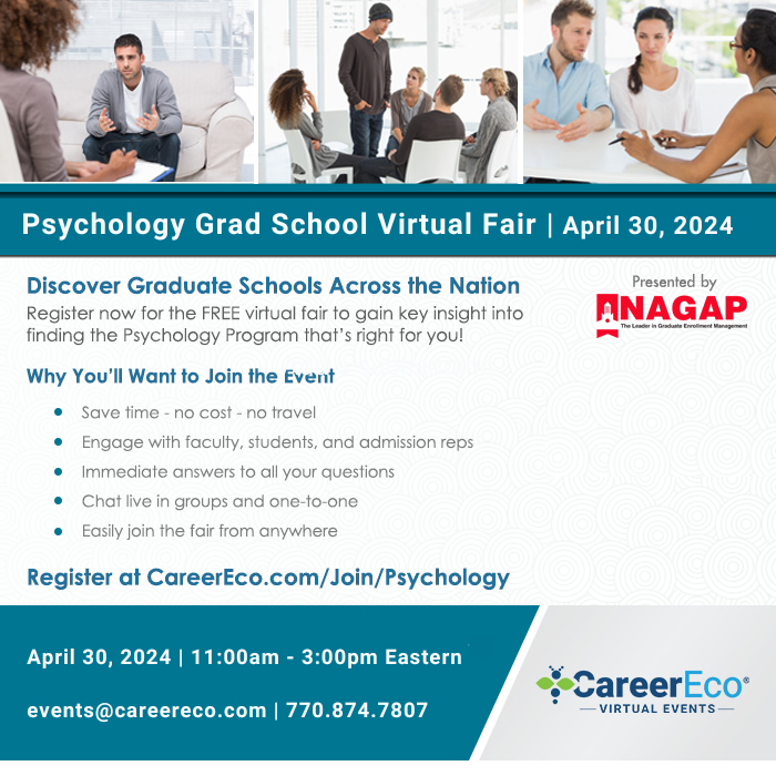 Are you interested in earning a graduate degree in the field of Psychology? Register for the 4/30 virtual event to meet with admissions reps and faculty at top programs. Get your questions answered! To register and learn more: careereco.com/Fair/EventDeta…