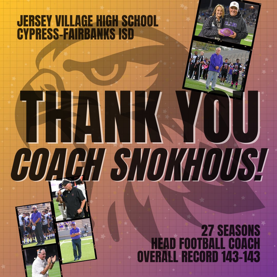 Last day on campus for @JerseyVillageHS Coach Snokhous! 27 years, thousands of lives he has impacted and influenced, a Falcon legacy. @CFISDAthletics @DSnokhous #helovesourvillage #lovemyvillage