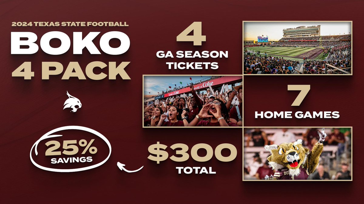 🚨Boko 4 Pack On Sale Now🚨

More info: bit.ly/445gfBo
Tickets: txst.com/tickets