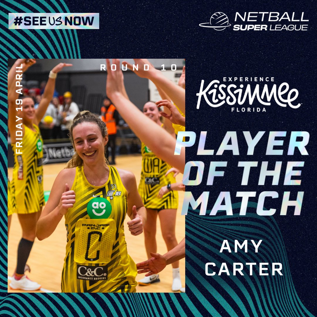 💛 42 Feeds 💜 2 Intercepts 🖤 2 Deflections 🤍 3 Gains A dominant performance on court from @thundernetball's Amy Carter earns her the @Kissimmee Player of the Match award 👏 #NSL2024 | #SeeUsNow