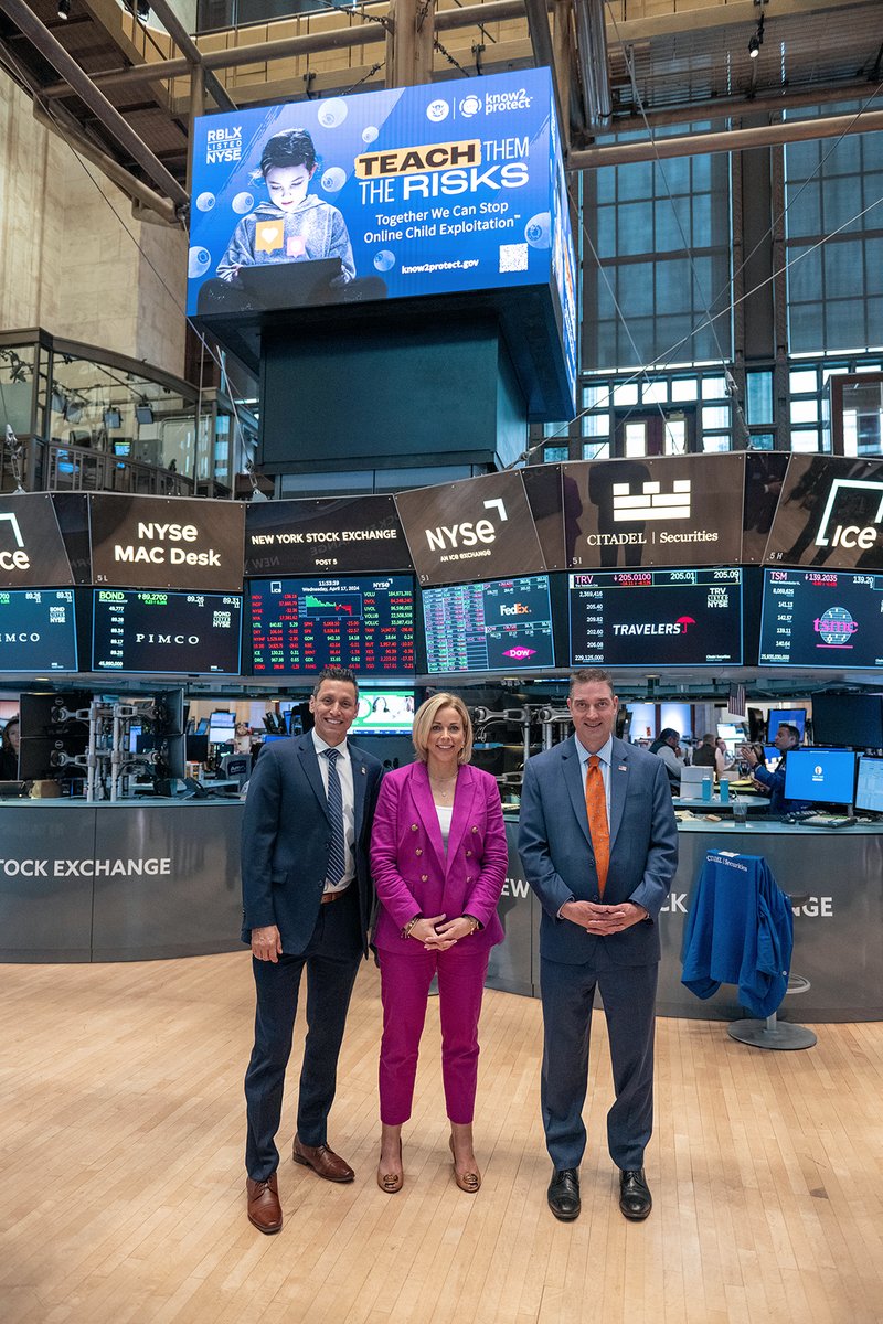 #ICYMI: This Wednesday marked the launch of the Know2Protect campaign. Here's #DHS Cyber Crimes Center Dep. Asst. Dir., Mike Prado, K2P Campaign Dir., Kate Kennedy, and #HSI Dep. Exec. Associate Dir., Patrick McElwain on the #NYSE trading floor. Visit know2protect.gov.