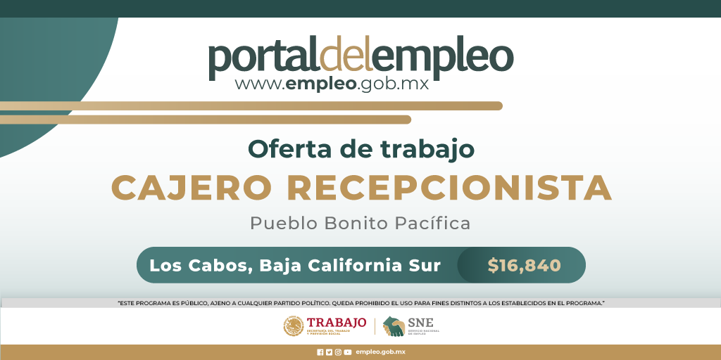 📢 #BolsaDeTrabajo 

👤 Cajero recepcionista en Pueblo Bonito Pacífica.
📍Para trabajar en #BajaCaliforniaSur.
💰16,840.00.

Detalles y postulación en: 🔗 goo.su/Uv0aG 
📨 adriana.rios@pueblobonito.com.mx

#Trabajo #Empleo #SNE #PortalDelEmpleo