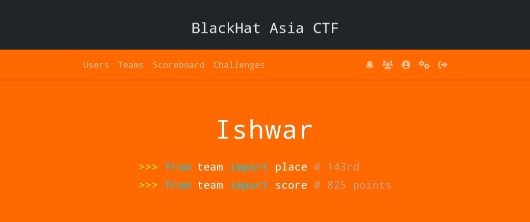 Happy to announce I got placed at 143 rank out of total 325 global participants participating at @Bugcrowd ctf at Blackhat Asia 🌏, First time participated in such big global event!! Going solo, thanks to @Bugcrowd and looking forward to improve more and hack more !! ❤🧿🛡🖥