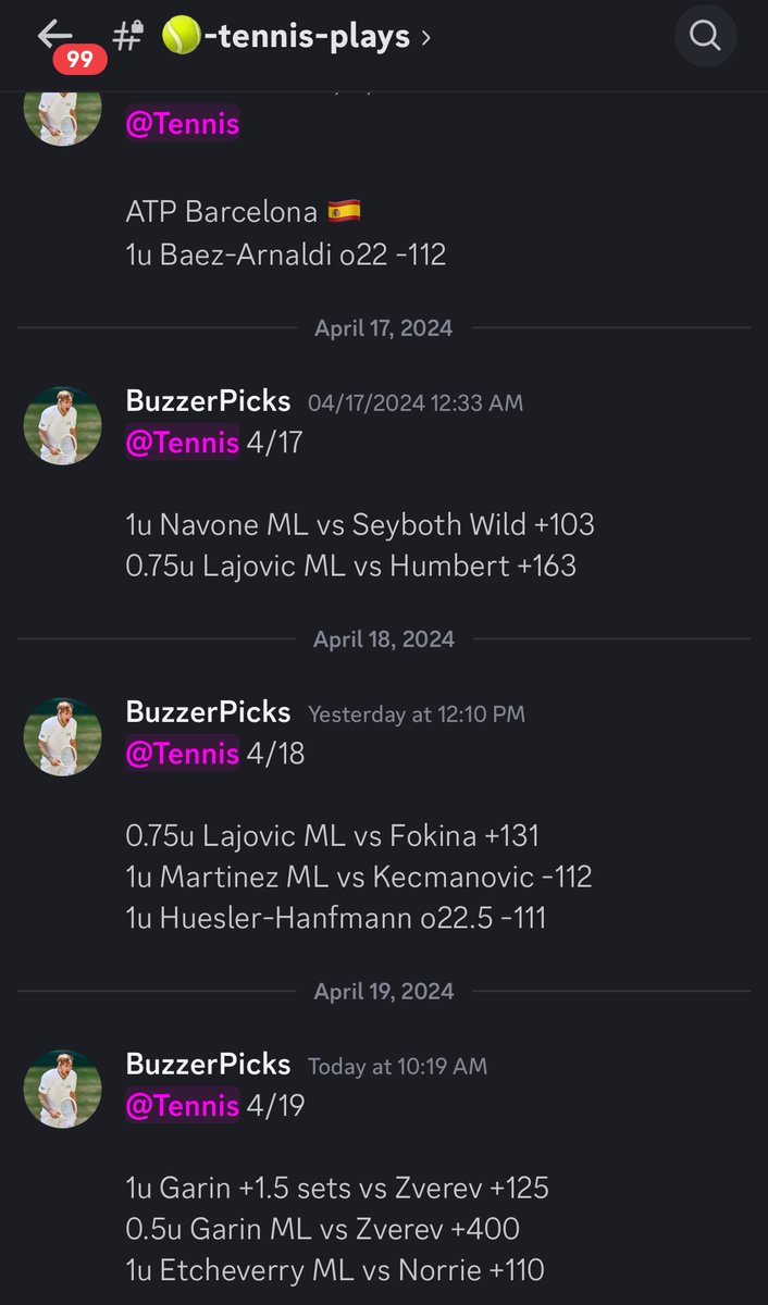 BuzzerPicks's tweet photo. 8-1 run with 6 underdog dubs 🚂🔥🔥

✅Garin ML +400
✅Garin +1.5 sets +125
✅Lajovic ML +163
✅Etcheverry ML +110
✅Lajovic ML +131
✅Navone ML +103
✅Martinez ML -112
✅Arnaldi o22 -112
✖️Huesler o22.5 -111 

Join the gang 👉🏻 https://t.co/O6GgC4ejCm

#GamblingX  #TennisPicks https://t.co/UvWEiza8Ps