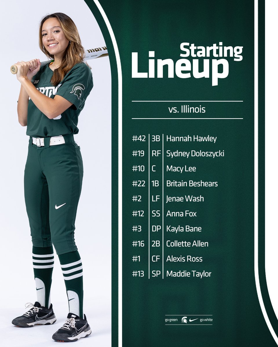 Spartan starters for game one against the Illini!

Follow along live ⬇️

💻: sprtns.co/49IUad5 
📻: sprtns.co/3xQwhTG 
📊: sprtns.co/3w1JDvT 

#GoGreen | #SpartanUp