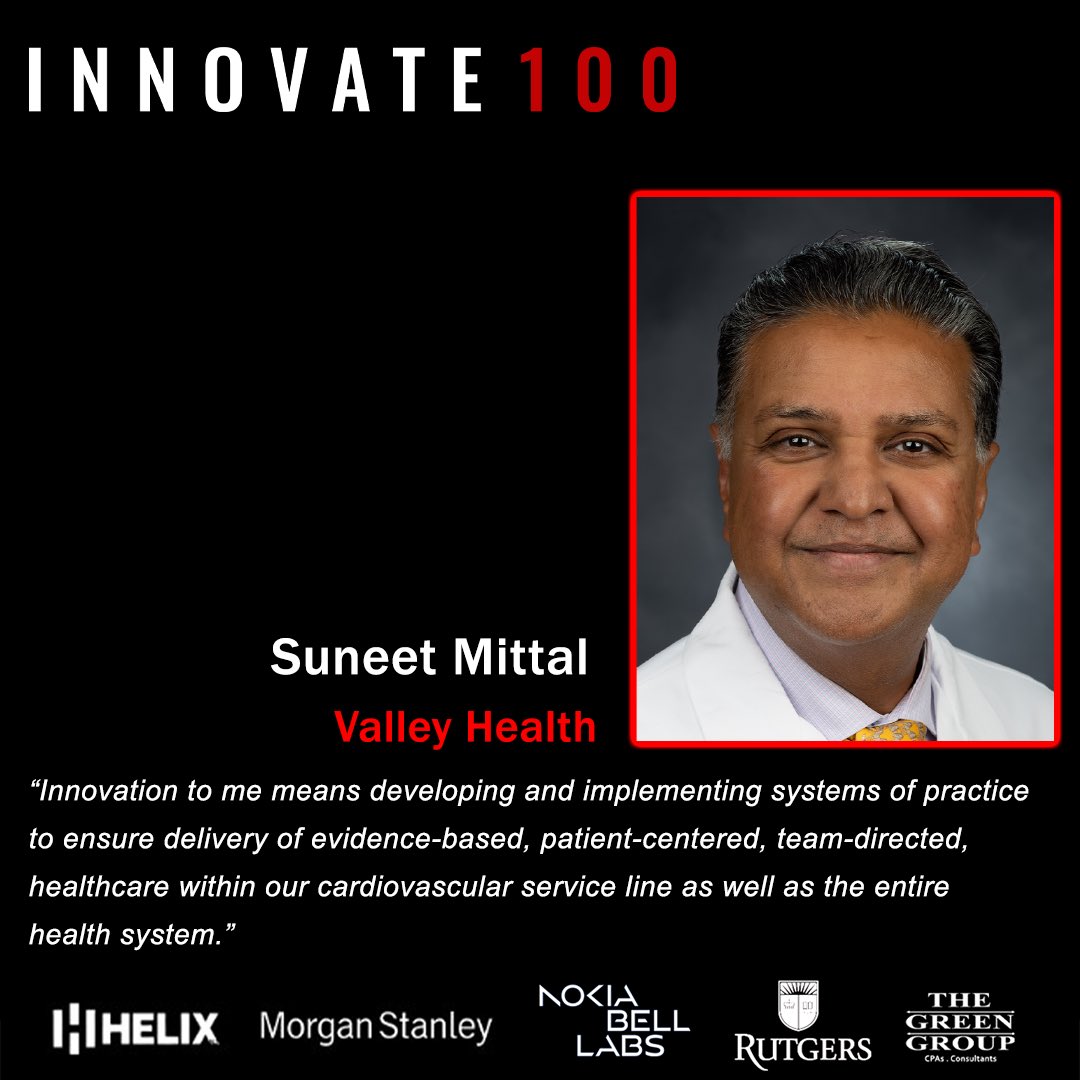 Honored to be recognized for driving innovation in our community. Thankful for my colleagues @ValleyHealthNJ for their support and collaboration which made this accolade possible! #innovate100 #innovatenewjersey