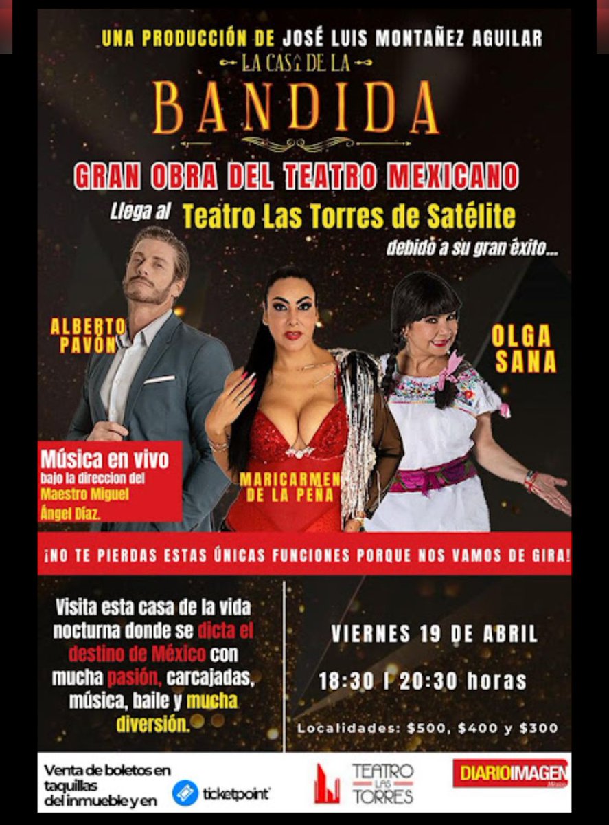 ¿Quieres vivir una noche de teatro inolvidable? ¡Regalamos pases dobles para 'Bandida'! 🎟️👫 
No te pierdas esta oportunidad única

🗓️ 19/04
⏰ 18:30 h
📍 Teatro Las Torres de Satélite 

Dale ❤️
🔄 RT, síguenos en redes
📩Nombre completo 
#NocheDeTeatro #CulturaViva #Bandida