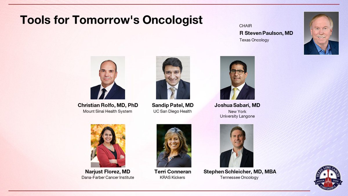 🚨Listen to this all-star panel: Dr. @NarjustFlorezMD, Dr. @ChristianRolfo, @TerriConneran, Dr.@PatelOncology, Dr. @JSabari and Dr. Stephen Schleicher; chaired by Dr. Steven Paulson, as they discuss the 'Tools for Tomorrow's Oncologist'👏👏 Happening NOW ⏲️⏲️ at @TLCconference‼️