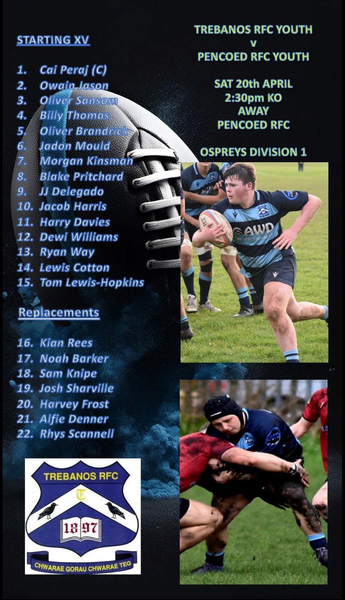 The team to hit the road tomorrow to face off against Pencoed Youth. #ChwaraeGorauChwaraeTeg 
#YouthRugbyRising
@TrebanosRugby 
@AllWalesSport