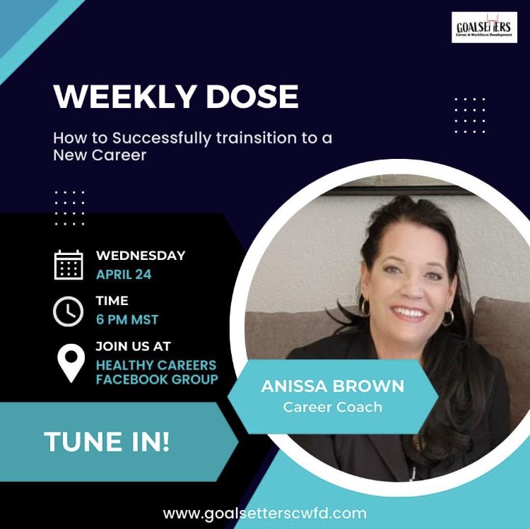 YOU'RE INVITED! Join us for the Weekly Dose this Wednesday in the Healthy Careers Facebook Group for, 'How to Successfully Transition to a New Career!' Click the link to Join: facebook.com/groups/2834594… #careercoach #businesscoach #hradvisor #resumeservices #weeklydose #careers