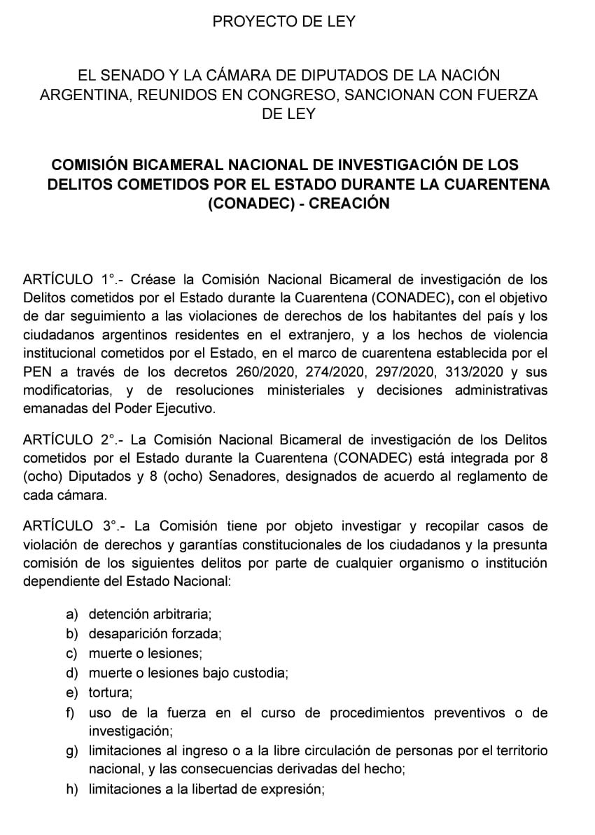 Cuando los responsables del peor desastre económico, social y sanitario de nuestra historia, pretenden reivindicarse, juzgar los crímenes cometidos por el Estado durante la cuarentena es más necesario que nunca. Por eso he vuelto a presentar mi proyecto para crear la CONADEC.