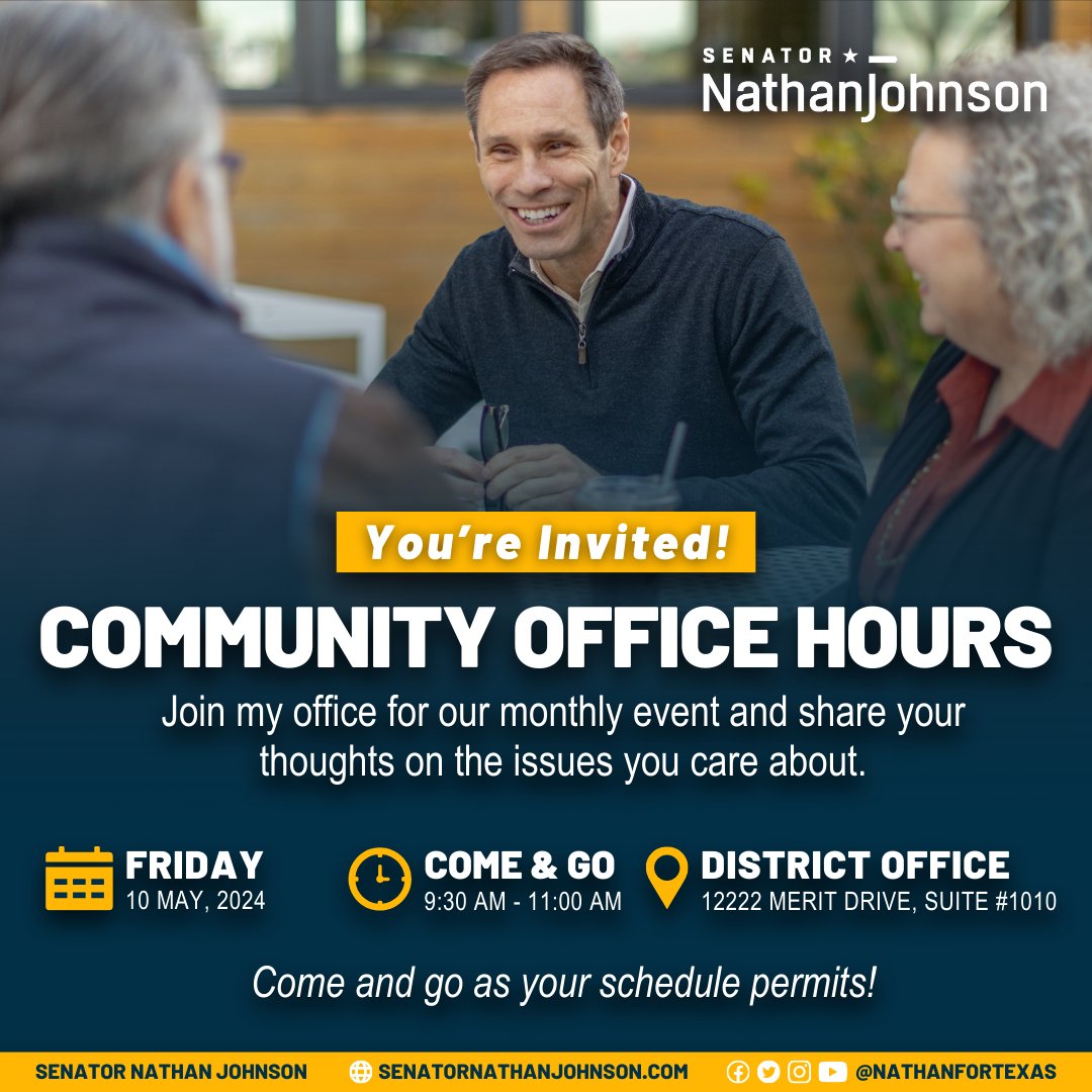 🗓️ Save the date! Join us for our monthly Community Office Hours on Friday, May 10th, from 9:30 to 11:00 a.m. CT. Stop by to chat with #TeamJohnson, ask questions, and share your thoughts on the issues that matter most to you. RSVP today: bit.ly/3U9azlD #TXLege #SD16